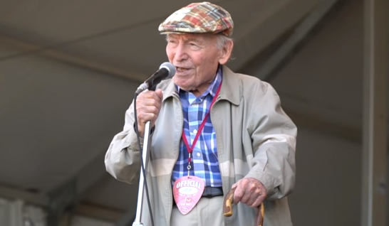 George Wein addresses crowd at 2018 New Orleans Jazz & Heritage Festival